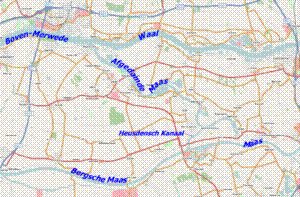 Kaart van de Afgedamde Maas en omliggende rivieren